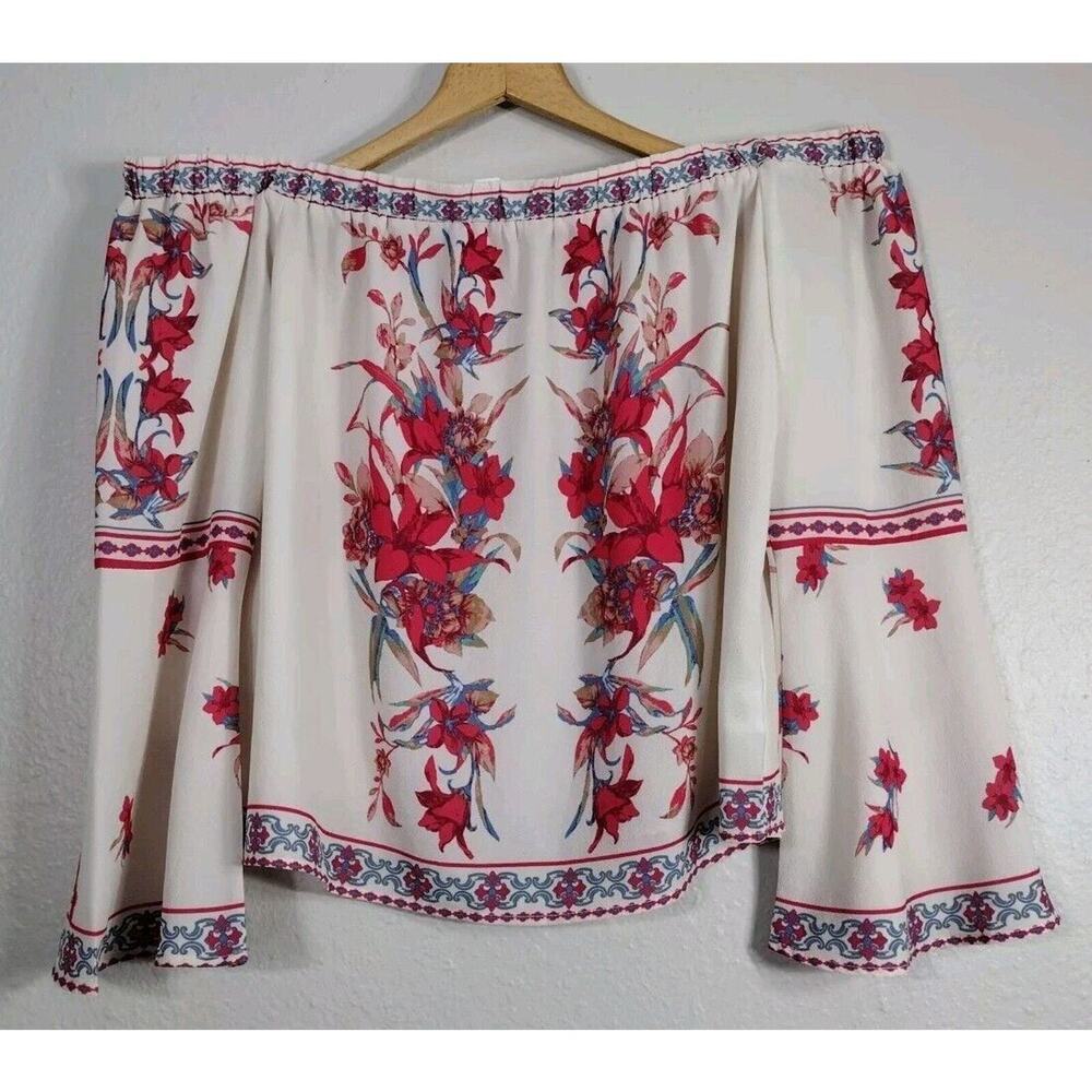 Women's Open Shoulder Top Blouse Bohemian Embroidered Floral Art Print Size L